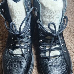 Marc Fisher Black Leather Winter Boots with White Faux Fur Lining
